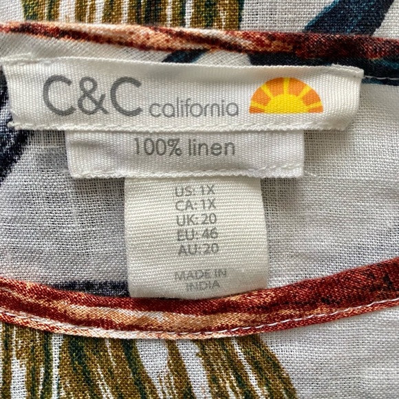 C&C California 100% Linen Tropical Floral Print Hi-Low Hem Blouse Women’s Sz 1X - Picture 5 of 6